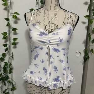 Chic White and Blue Floral Camisole